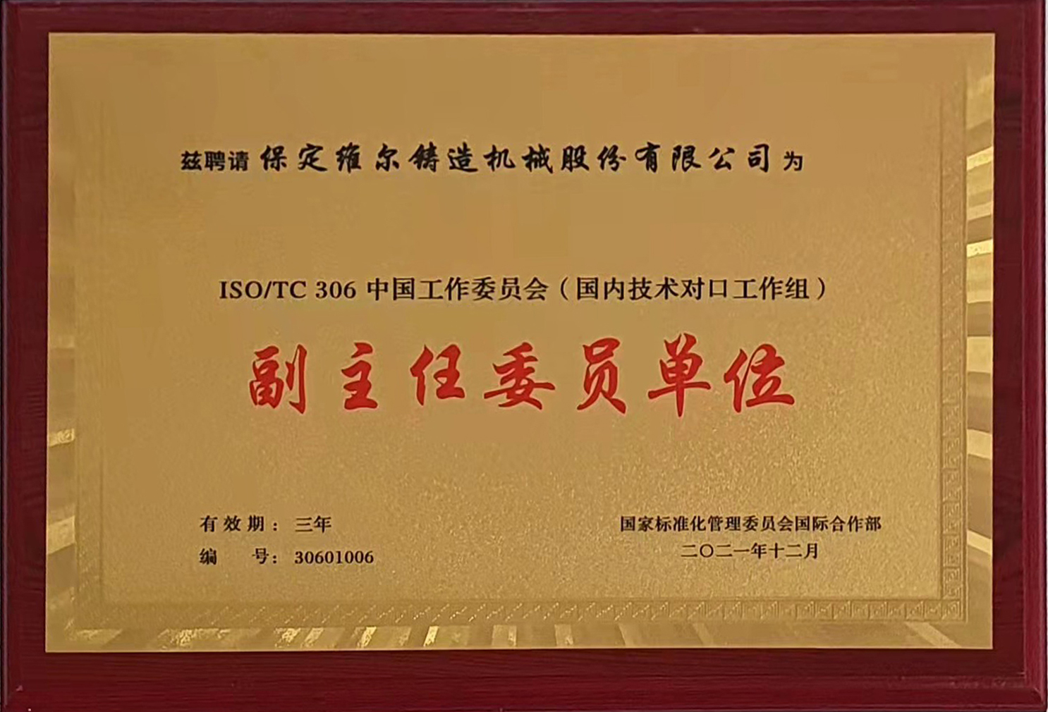 国际标准化组织铸造机械技术委员会 (ISO/TC306)中国工作委员会副主任委员单位